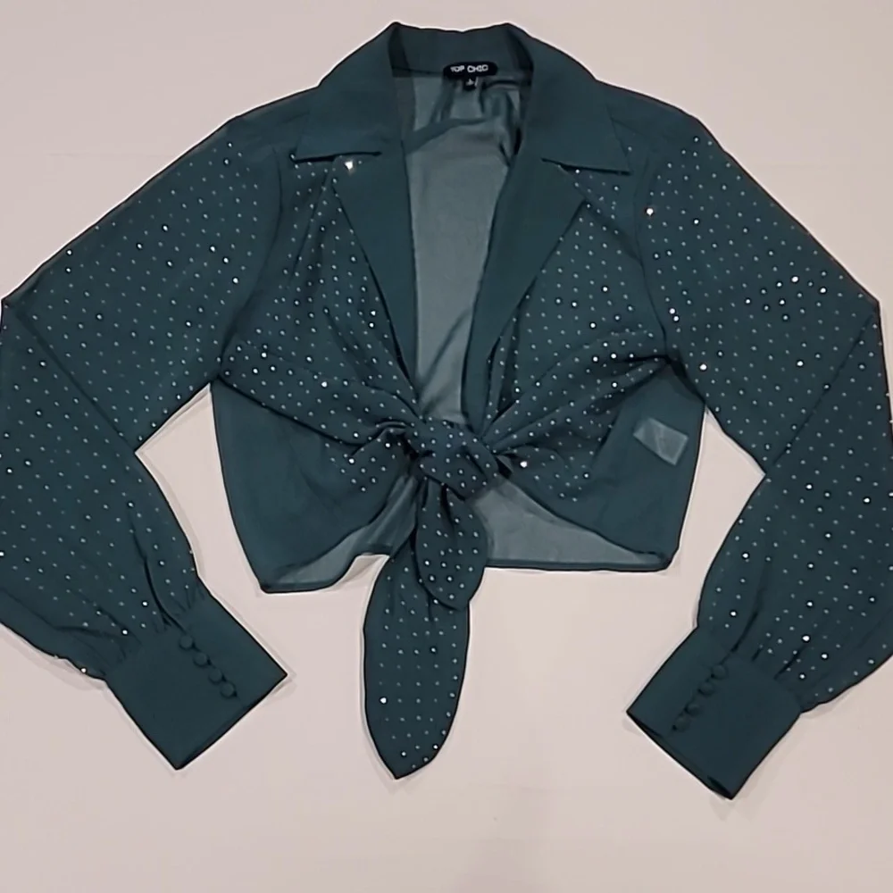 Top Chic Tie Front Semi Sheer Sparkle Studded Cropped Blouse Forest Green L - Picture 4 of 14
